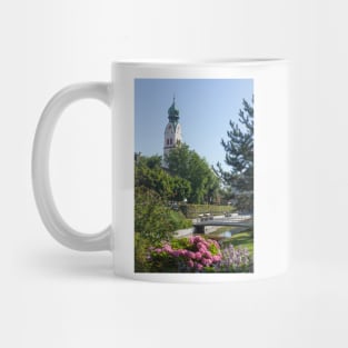 Riedergarten with parish church of St. Nikolaus, Rosenheim, Upper Bavaria, Bavaria, Germany, Europe Mug